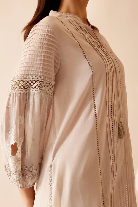 Bunka Beige 100% Cotton Embroidery Floret Stand Collar Cecile And Lace Tunic at Aza Fashions Bunka_Beige 100% Cotton Embroidery Floret Stand Collar Cecile And Lace Tunic _at_Aza_Fashions