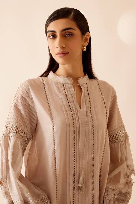 Buy Bunka Beige 100% Cotton Embroidery Floret Stand Collar Cecile And Lace Tunic Buy_Bunka_Beige 100% Cotton Embroidery Floret Stand Collar Cecile And Lace Tunic