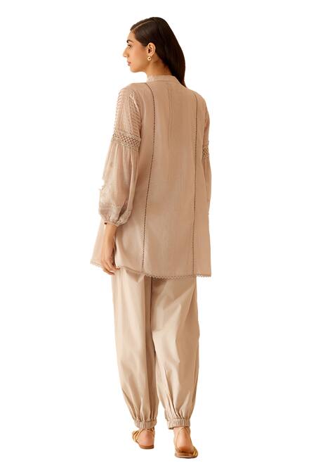 Shop Bunka Beige 100% Cotton Embroidery Floret Stand Collar Cecile And Lace Tunic Shop_Bunka_Beige 100% Cotton Embroidery Floret Stand Collar Cecile And Lace Tunic