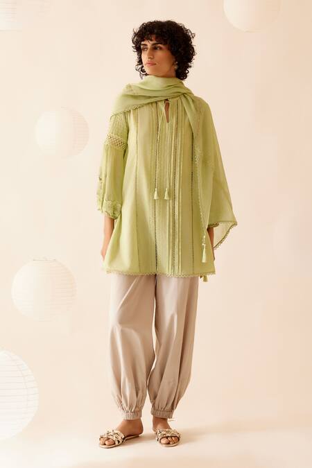 Buy Bunka Green 100% Cotton Voile Embroidery Floret Cecile Floral And Lace Tunic Online at Aza Fashions Buy_Bunka_Green 100% Cotton Voile Embroidery Floret Cecile Floral And Lace Tunic _Online_at_Aza_Fashions