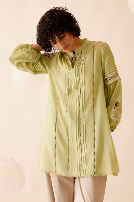 Shop Bunka Green 100% Cotton Voile Embroidery Floret Cecile Floral And Lace Tunic Online at Aza Fashions Shop_Bunka_Green 100% Cotton Voile Embroidery Floret Cecile Floral And Lace Tunic _Online_at_Aza_Fashions