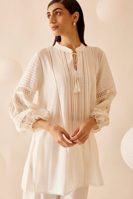 Shop Bunka Ivory 100% Cotton Voile Embroidery Floret Stand Cecile And Lace Tunic Online at Aza Fashions Shop_Bunka_Ivory 100% Cotton Voile Embroidery Floret Stand Cecile And Lace Tunic _Online_at_Aza_Fashions