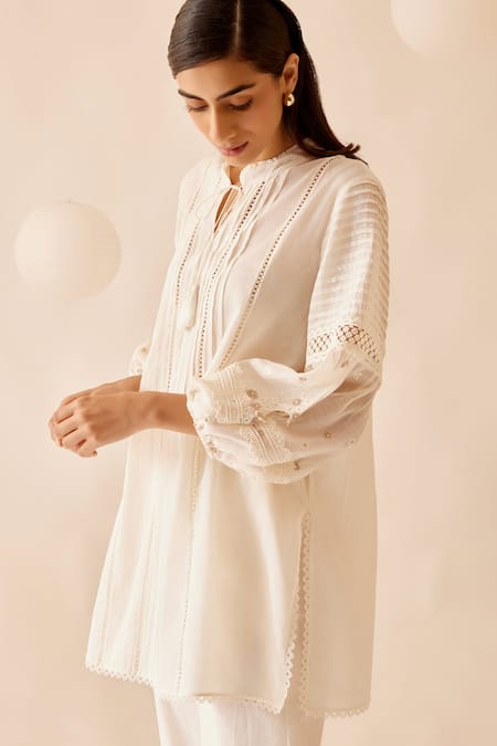 Bunka Ivory 100% Cotton Voile Embroidery Floret Stand Cecile And Lace Tunic at Aza Fashions Bunka_Ivory 100% Cotton Voile Embroidery Floret Stand Cecile And Lace Tunic _at_Aza_Fashions