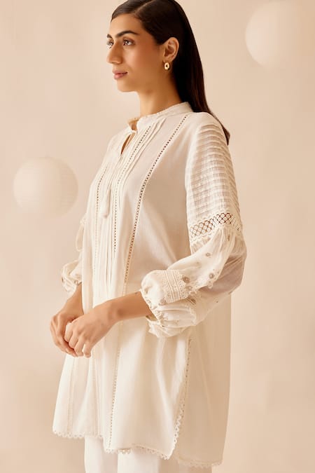 Buy Bunka Ivory 100% Cotton Voile Embroidery Floret Stand Cecile And Lace Tunic Buy_Bunka_Ivory 100% Cotton Voile Embroidery Floret Stand Cecile And Lace Tunic