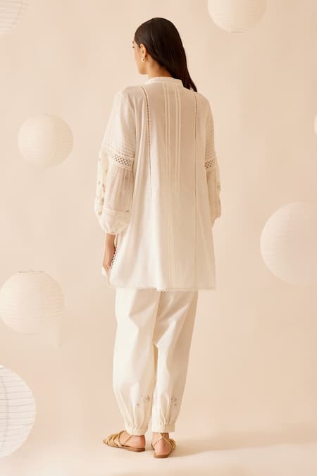 Shop Bunka Ivory 100% Cotton Voile Embroidery Floret Stand Cecile And Lace Tunic at Aza Fashions Shop_Bunka_Ivory 100% Cotton Voile Embroidery Floret Stand Cecile And Lace Tunic _at_Aza_Fashions
