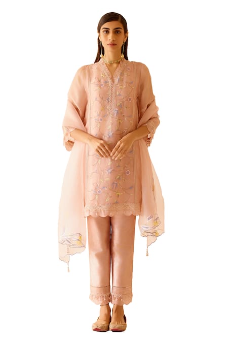 Bunka_Pink Organza, Viscose, Lace, Farida Chintz Bloom Kurta Pant Set _Online_at_Aza_Fashions
