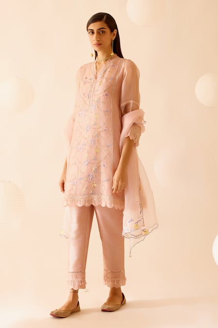 Buy_Bunka_Pink Organza, Viscose, Lace, Farida Chintz Bloom Kurta Pant Set _Online_at_Aza_Fashions