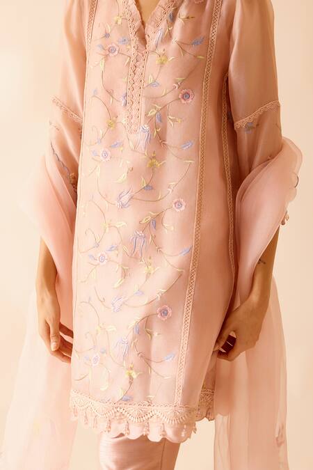 Shop_Bunka_Pink Organza, Viscose, Lace, Farida Chintz Bloom Kurta Pant Set _Online_at_Aza_Fashions