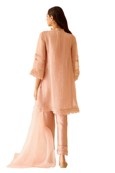 Bunka_Pink Organza, Viscose, Lace, Farida Chintz Bloom Kurta Pant Set _at_Aza_Fashions