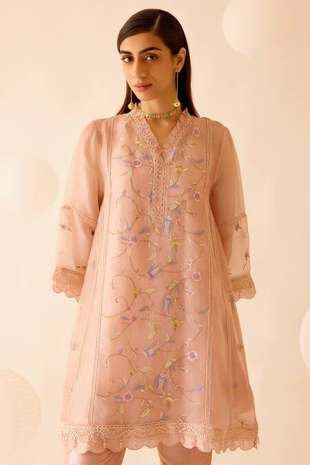 Shop_Bunka_Pink Organza, Viscose, Lace, Farida Chintz Bloom Kurta Pant Set 