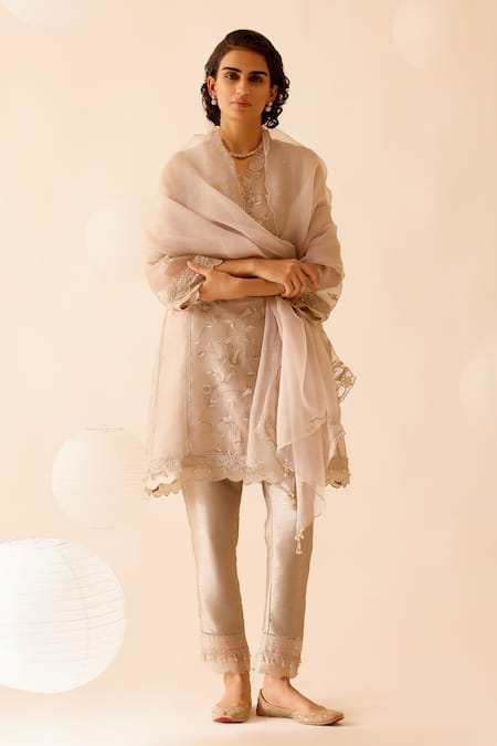 Bunka Cream Silk Organza, Viscose Lace, Beads, Farida Chintz Blossom Kurta Pant Set Online at Aza Fashions Bunka_Cream Silk Organza, Viscose Lace, Beads, Farida Chintz Blossom Kurta Pant Set _Online_at_Aza_Fashions