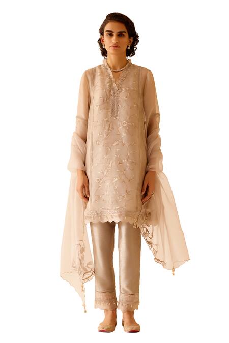 Shop Bunka Cream Silk Organza, Viscose Lace, Beads, Farida Chintz Blossom Kurta Pant Set Online at Aza Fashions Shop_Bunka_Cream Silk Organza, Viscose Lace, Beads, Farida Chintz Blossom Kurta Pant Set _Online_at_Aza_Fashions
