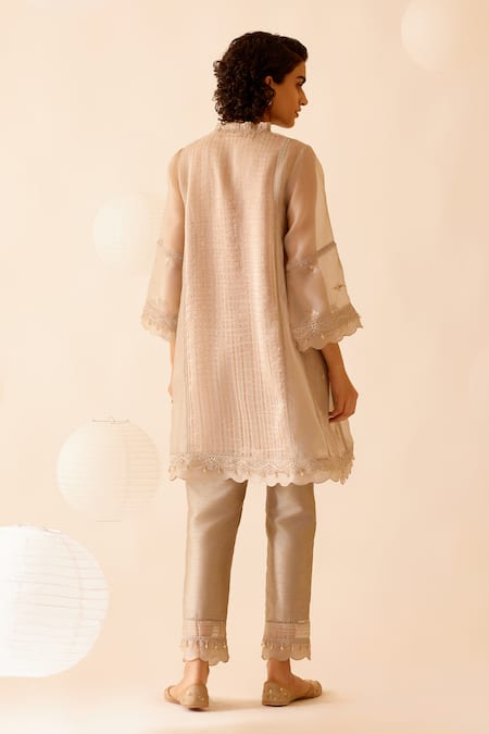 Shop Bunka Cream Silk Organza, Viscose Lace, Beads, Farida Chintz Blossom Kurta Pant Set at Aza Fashions Shop_Bunka_Cream Silk Organza, Viscose Lace, Beads, Farida Chintz Blossom Kurta Pant Set _at_Aza_Fashions