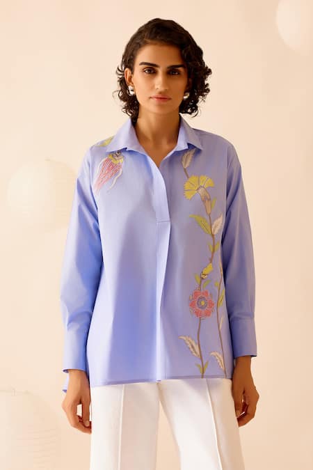 Bunka Blue 100% Cotton Poplin Embroidery Chintz Flora Nina Patch Shirt 