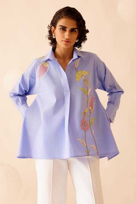 Bunka_Blue Cotton Embroidery Collared Nina Chintz Flora Patch Shirt _Online_at_Aza_Fashions