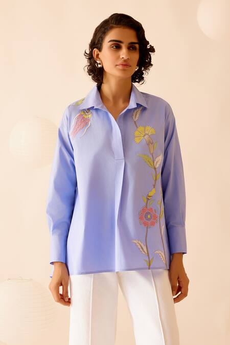Buy_Bunka_Blue Cotton Embroidery Collared Nina Chintz Flora Patch Shirt _Online_at_Aza_Fashions