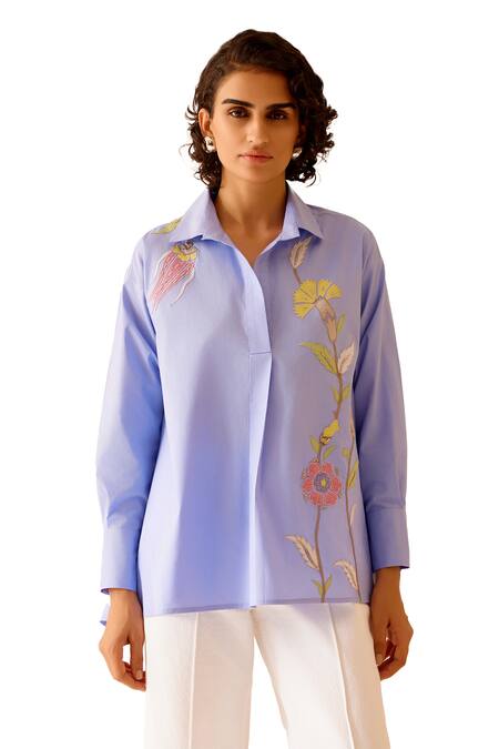 Shop_Bunka_Blue Cotton Embroidery Collared Nina Chintz Flora Patch Shirt _Online_at_Aza_Fashions