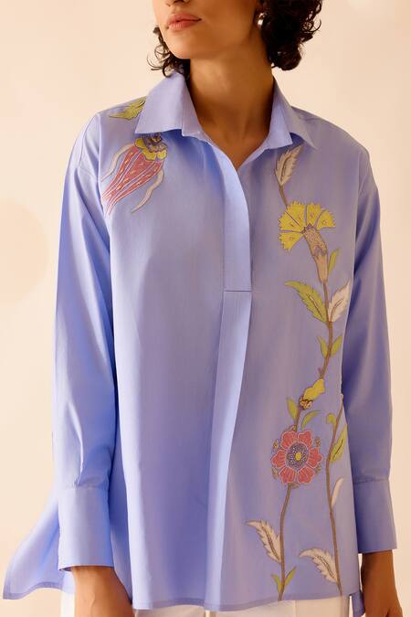 Bunka_Blue Cotton Embroidery Collared Nina Chintz Flora Patch Shirt _at_Aza_Fashions