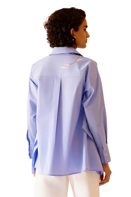 Buy_Bunka_Blue Cotton Embroidery Collared Nina Chintz Flora Patch Shirt 