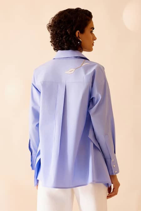Shop_Bunka_Blue Cotton Embroidery Collared Nina Chintz Flora Patch Shirt _at_Aza_Fashions