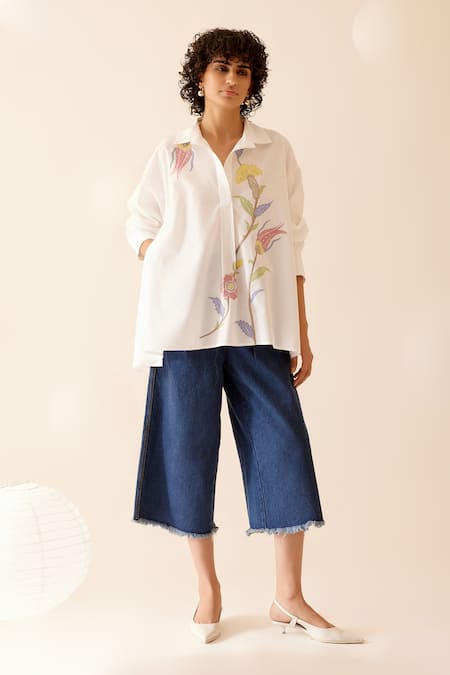 Shop Bunka White Cotton Embroidery, Patchwork Collared Naina Floral Shirt at Aza Fashions Shop_Bunka_White Cotton Embroidery, Patchwork Collared Naina Floral Shirt _at_Aza_Fashions