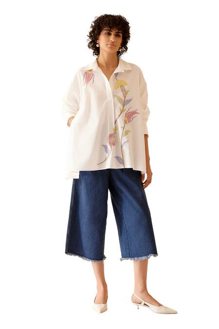 Bunka White Cotton Embroidery, Patchwork Collared Naina Floral Shirt Online at Aza Fashions Bunka_White Cotton Embroidery, Patchwork Collared Naina Floral Shirt _Online_at_Aza_Fashions