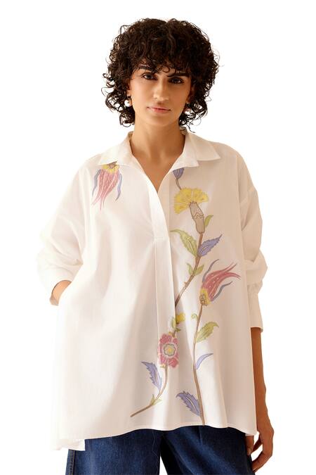 Buy Bunka White Cotton Embroidery, Patchwork Collared Naina Floral Shirt Online at Aza Fashions Buy_Bunka_White Cotton Embroidery, Patchwork Collared Naina Floral Shirt _Online_at_Aza_Fashions
