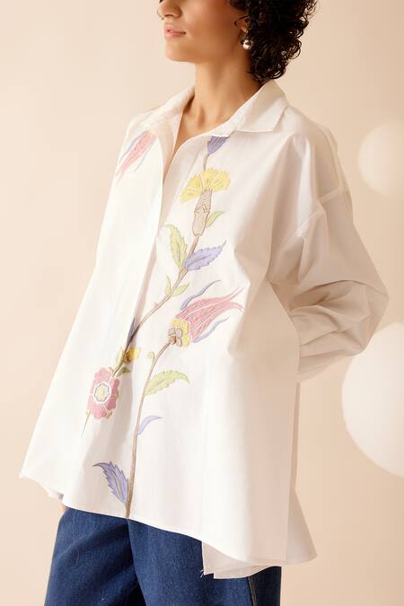 Bunka White Cotton Embroidery, Patchwork Collared Naina Floral Shirt at Aza Fashions Bunka_White Cotton Embroidery, Patchwork Collared Naina Floral Shirt _at_Aza_Fashions