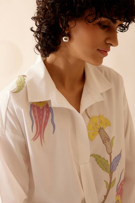 Buy Bunka White Cotton Embroidery, Patchwork Collared Naina Floral Shirt Buy_Bunka_White Cotton Embroidery, Patchwork Collared Naina Floral Shirt
