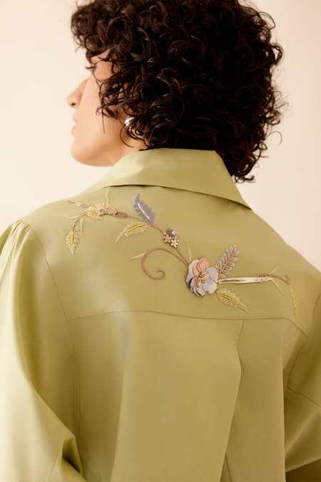 Shop Bunka Green Cotton Embroidery Collared Nisha Floral Shirt at Aza Fashions Shop_Bunka_Green Cotton Embroidery Collared Nisha Floral Shirt _at_Aza_Fashions