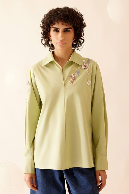 Bunka Green Cotton Embroidery Collared Nisha Floral Shirt Online at Aza Fashions Bunka_Green Cotton Embroidery Collared Nisha Floral Shirt _Online_at_Aza_Fashions