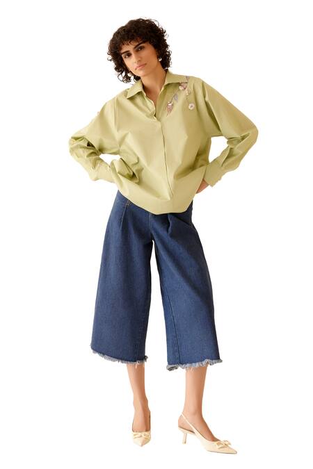 Buy Bunka Green Cotton Embroidery Collared Nisha Floral Shirt Online at Aza Fashions Buy_Bunka_Green Cotton Embroidery Collared Nisha Floral Shirt _Online_at_Aza_Fashions