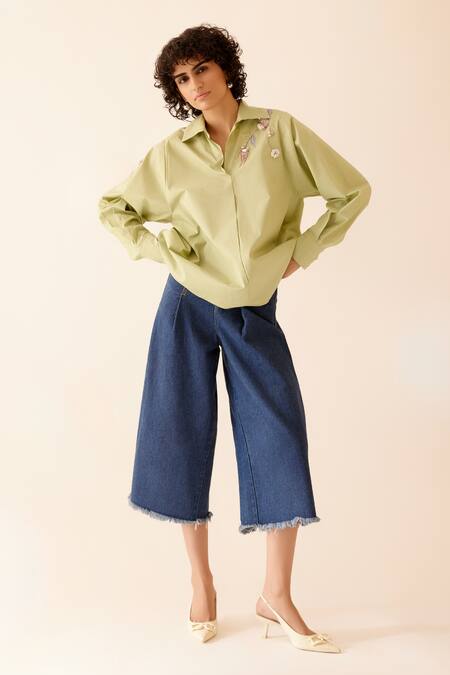 Shop Bunka Green Cotton Embroidery Collared Nisha Floral Shirt Online at Aza Fashions Shop_Bunka_Green Cotton Embroidery Collared Nisha Floral Shirt _Online_at_Aza_Fashions