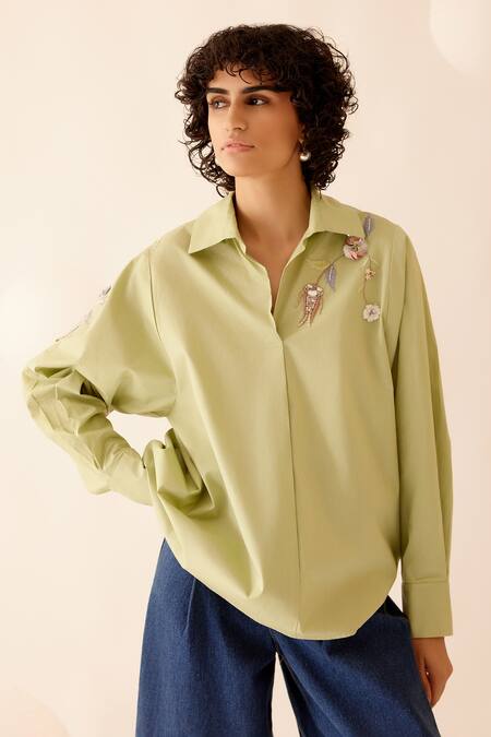 Bunka Green Cotton Embroidery Collared Nisha Floral Shirt at Aza Fashions Bunka_Green Cotton Embroidery Collared Nisha Floral Shirt _at_Aza_Fashions