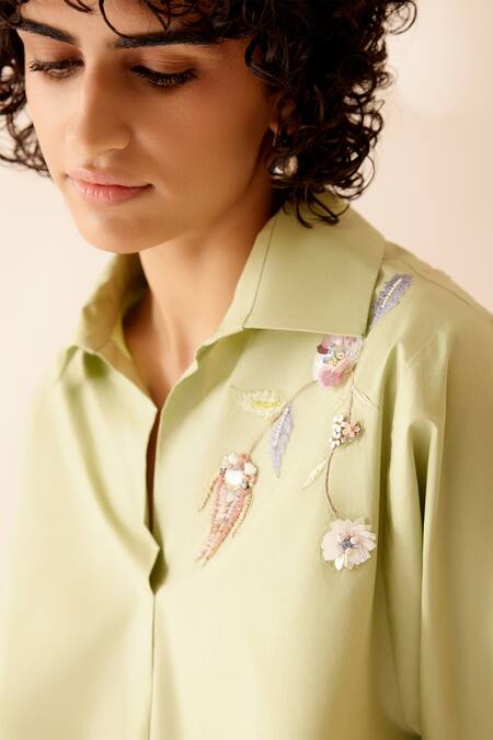 Buy Bunka Green Cotton Embroidery Collared Nisha Floral Shirt Buy_Bunka_Green Cotton Embroidery Collared Nisha Floral Shirt