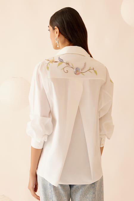 Shop Bunka White Cotton Embroidery Collared Floral Hand Shirt at Aza Fashions Shop_Bunka_White Cotton Embroidery Collared Floral Hand Shirt _at_Aza_Fashions