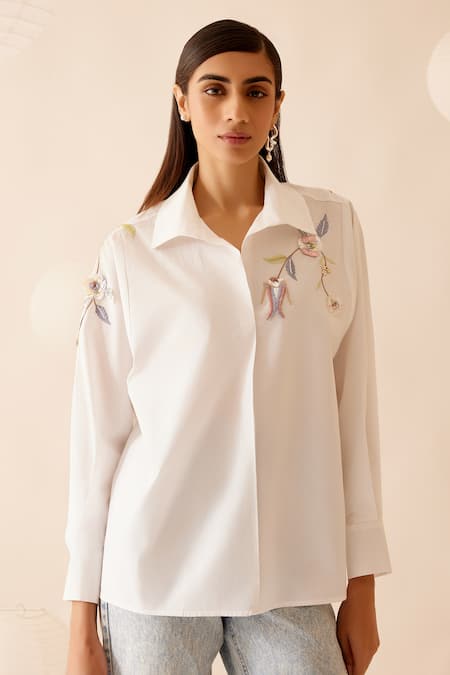 Buy Bunka White Cotton Embroidery Collared Floral Hand Shirt Online at Aza Fashions Buy_Bunka_White Cotton Embroidery Collared Floral Hand Shirt _Online_at_Aza_Fashions