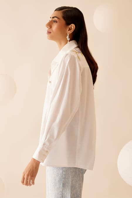 Shop Bunka White Cotton Embroidery Collared Floral Hand Shirt Online at Aza Fashions Shop_Bunka_White Cotton Embroidery Collared Floral Hand Shirt _Online_at_Aza_Fashions