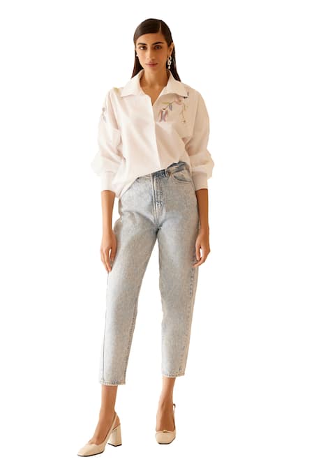 Buy Bunka White Cotton Embroidery Collared Floral Hand Shirt Buy_Bunka_White Cotton Embroidery Collared Floral Hand Shirt