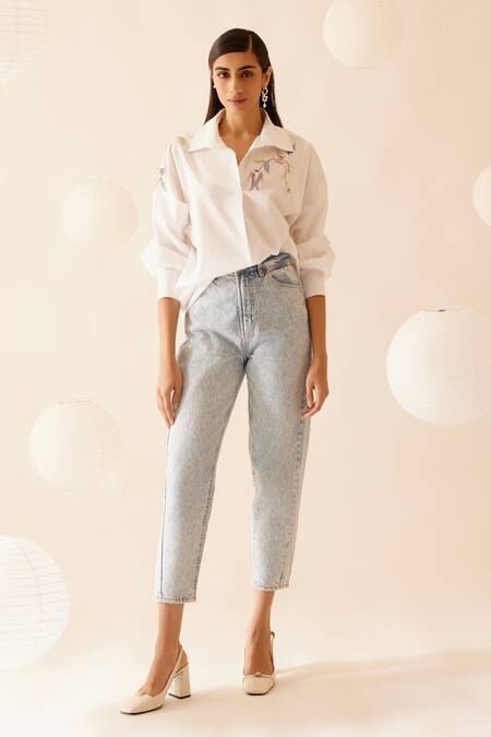 Shop Bunka White Cotton Embroidery Collared Floral Hand Shirt Shop_Bunka_White Cotton Embroidery Collared Floral Hand Shirt