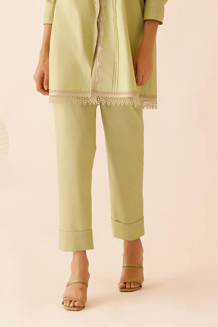 Bunka Green Cotton Poplin Nysa Narrow Fit Pant Online at Aza Fashions Bunka_Green Cotton Poplin Nysa Narrow Fit Pant _Online_at_Aza_Fashions