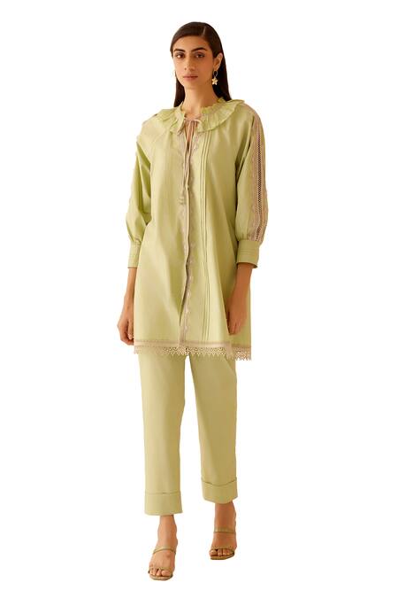 Buy Bunka Green Cotton Poplin Nysa Narrow Fit Pant Online at Aza Fashions Buy_Bunka_Green Cotton Poplin Nysa Narrow Fit Pant _Online_at_Aza_Fashions