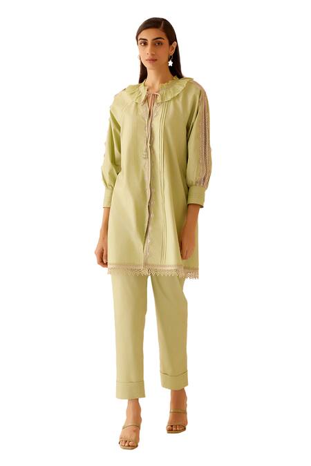 Bunka_Green 100% Cotton Poplin Embellished Lace Ruffle Nysa A-line Kurta  _Online_at_Aza_Fashions