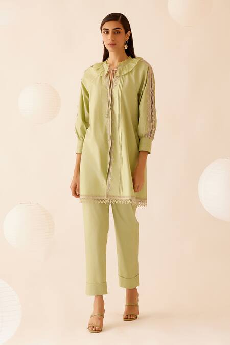 Buy_Bunka_Green 100% Cotton Poplin Embellished Lace Ruffle Nysa A-line Kurta  _Online_at_Aza_Fashions
