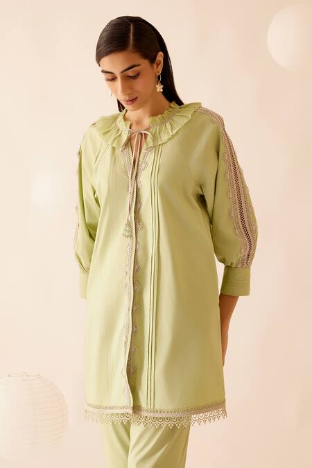 Shop_Bunka_Green 100% Cotton Poplin Embellished Lace Ruffle Nysa A-line Kurta  _Online_at_Aza_Fashions