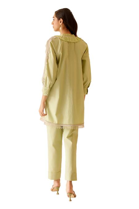 Bunka_Green 100% Cotton Poplin Embellished Lace Ruffle Nysa A-line Kurta  _at_Aza_Fashions