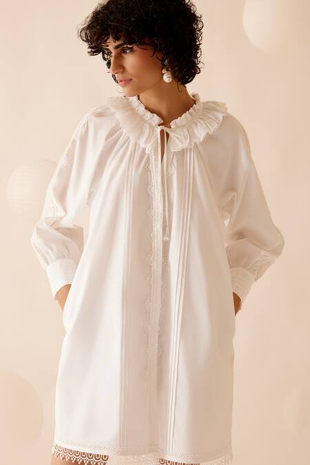 Buy Bunka White Cotton Lace Nysa A-line Embellished Dress Online at Aza Fashions Buy_Bunka_White Cotton Lace Nysa A-line Embellished Dress _Online_at_Aza_Fashions