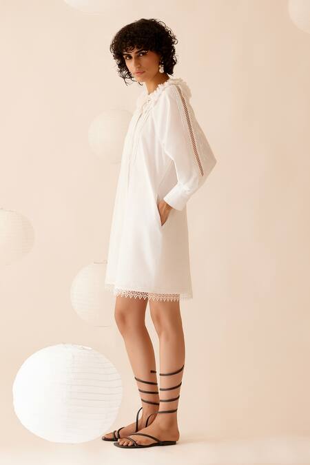 Shop Bunka White Cotton Lace Nysa A-line Embellished Dress Online at Aza Fashions Shop_Bunka_White Cotton Lace Nysa A-line Embellished Dress _Online_at_Aza_Fashions