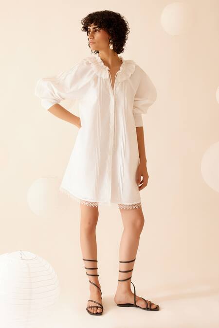 Buy Bunka White Cotton Lace Nysa A-line Embellished Dress Buy_Bunka_White Cotton Lace Nysa A-line Embellished Dress