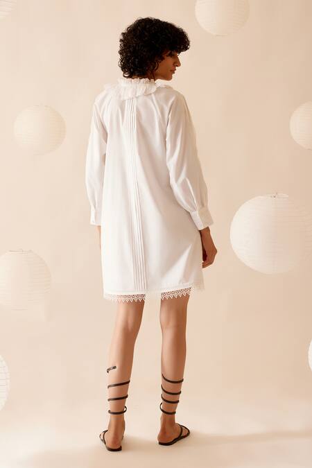 Shop Bunka White Cotton Lace Nysa A-line Embellished Dress at Aza Fashions Shop_Bunka_White Cotton Lace Nysa A-line Embellished Dress _at_Aza_Fashions